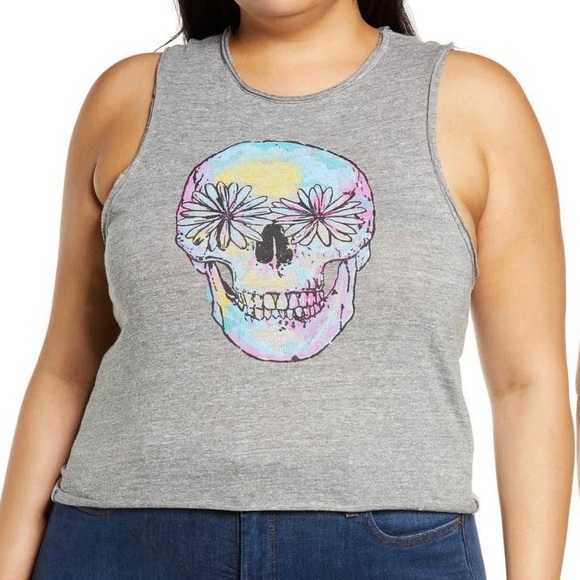 Chaser Tops - NEW Chaser Gray Skull Jersey Graphic Tank Women’s Plus Size 2X